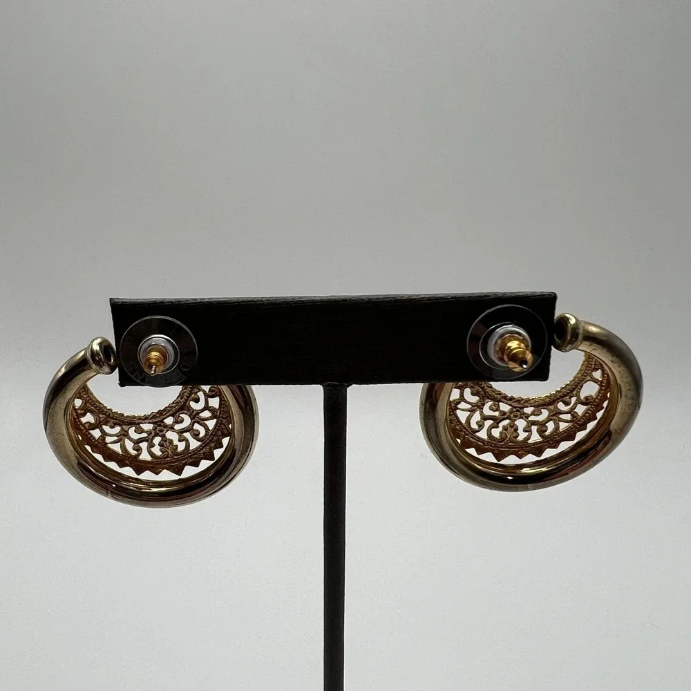 Vintage Pierced‎ Earrings Gold Tone Filigree Open Metalwork Large Statement